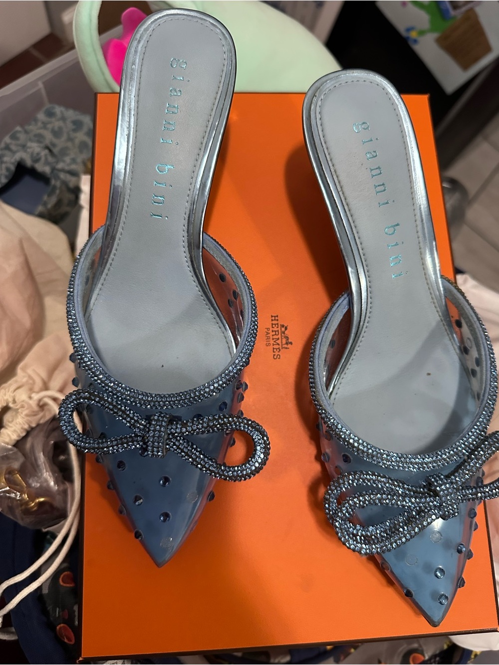 Gianni Bini Powder Blue Crystal Bow Pointed Mule
